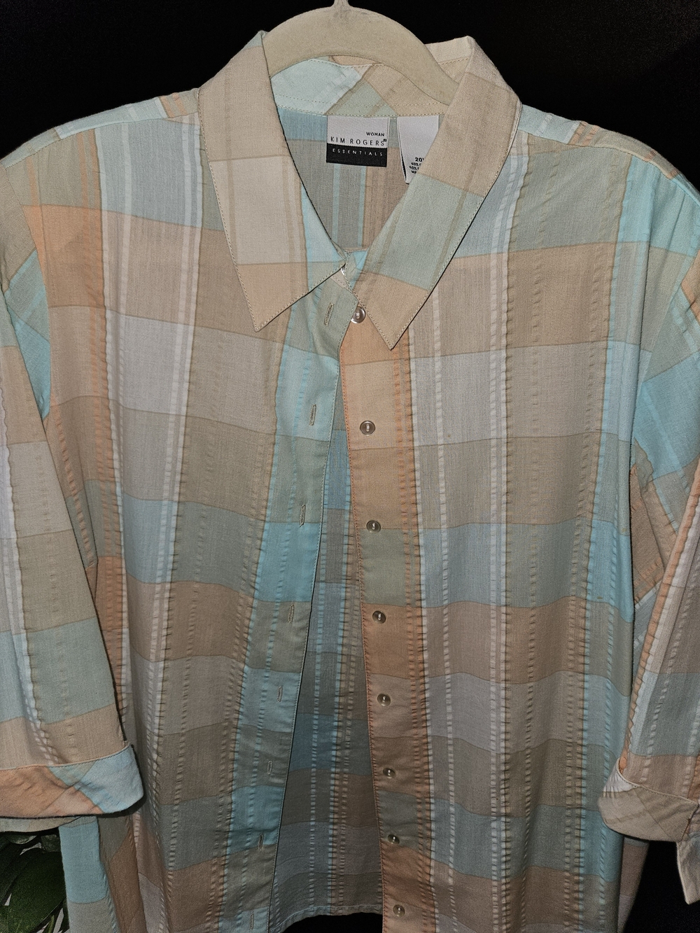 Kim Rogers Women’s Plaid Button-Down Shirt - Aqua & Peach